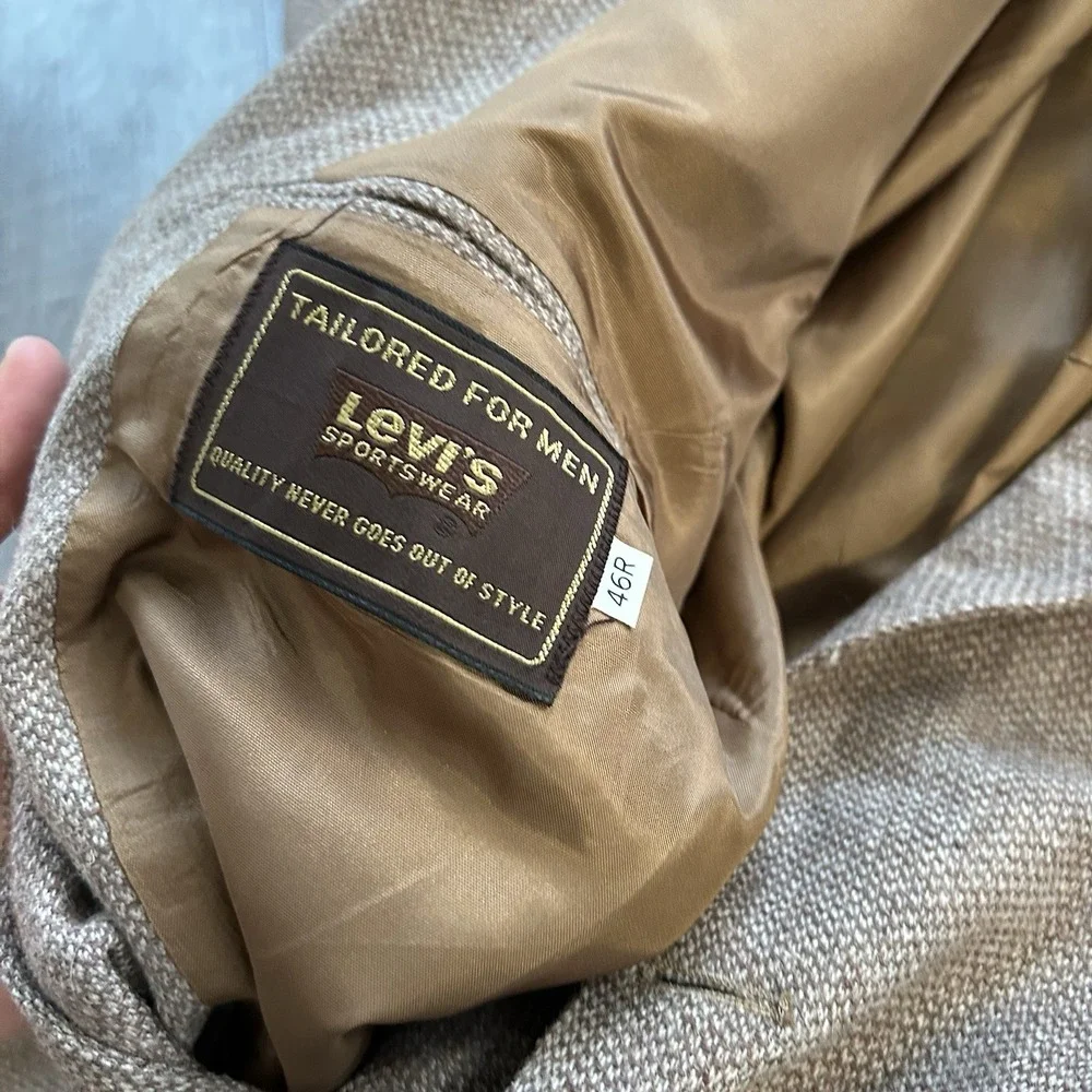 Levis Blazer Mens 46R VTG 80s Western Wool Brown Houndstooth Suit Jacket
